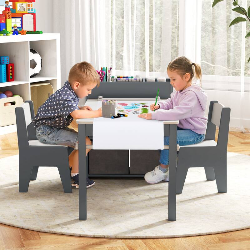 Kids Art Table and 2 Chairs Set with 4 Fabric Storage Bins and 4 Compartments - 39.5" x 20" x 23" (L x W x H)