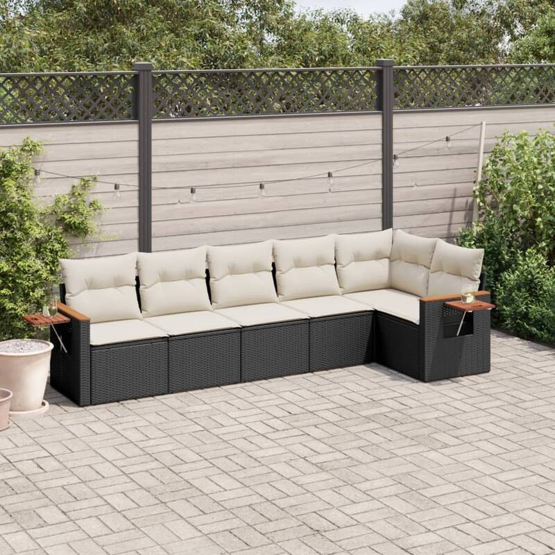 vidaXL Patio Sofa Set with Cushions Outdoor Conversation Furniture Poly Rattan - Black and cream without table - 24.4 x 24.4 x 27.2 in