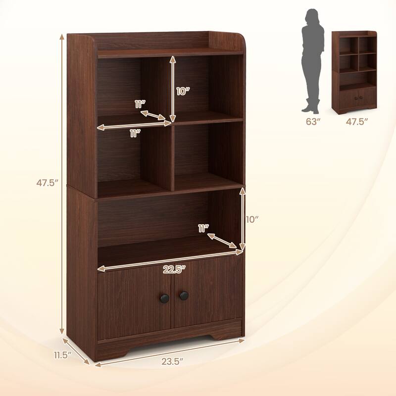 4 Tiers Bookshelf with 4 Cubes Display Shelf and 2 Doors - 23.5" x 11.5" x 47.5" (L x W x H)