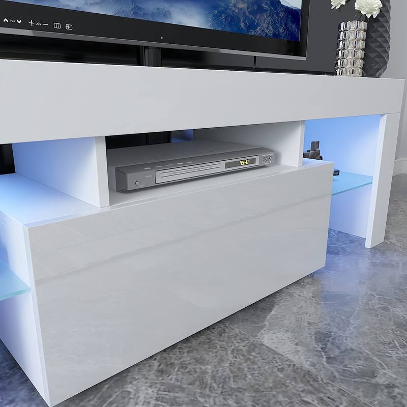 51" TV Stand with Flip Door, Glass Shelf & Glossy Finish for TVs Up to 55"