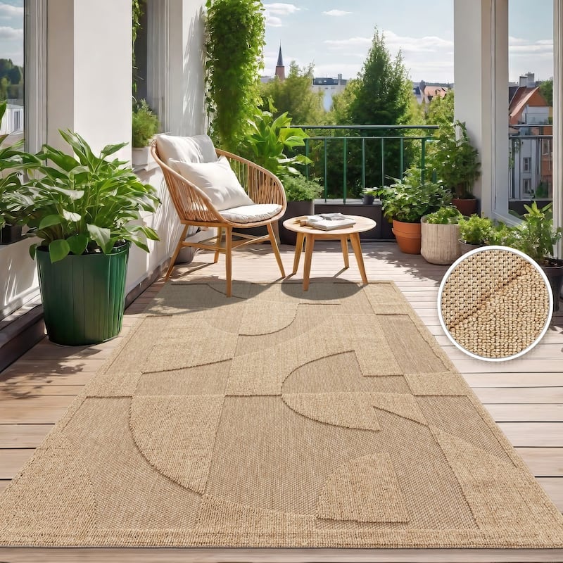 Abstract Indoor- & Outdoor Rug with Modern Geometric Pattern in Beige - 3'11" x 5'3"