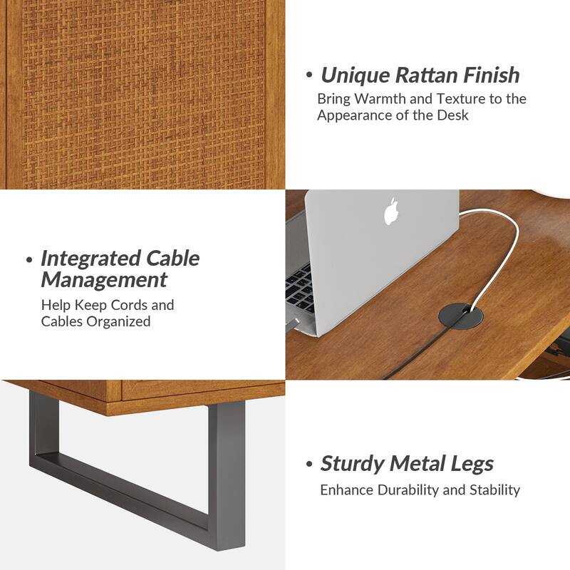 Alfons Industrial L-shaped Lift Top Cane Executive Office Desk with Drawers and Built-In Outlets by HULALA HOME