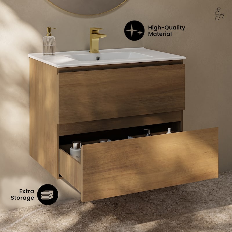 Liberte 30" Wall-Mounted Bathroom Vanity In Brown Oak With Sink Top - 30