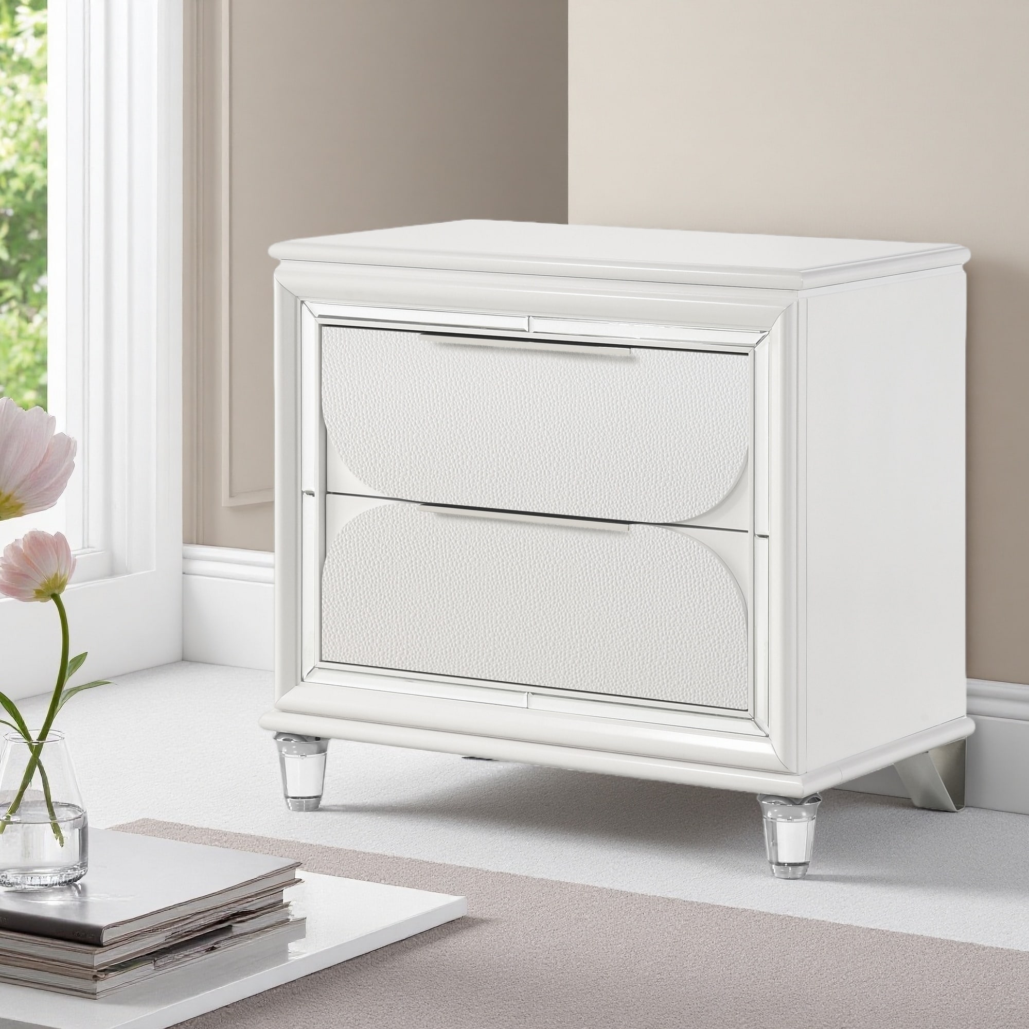 30.32"L Acrylic & Composite Wood Nightstand with Two Drawers, Mirrored Trim and Crystal Legs - Glamorous Bedroom Storage