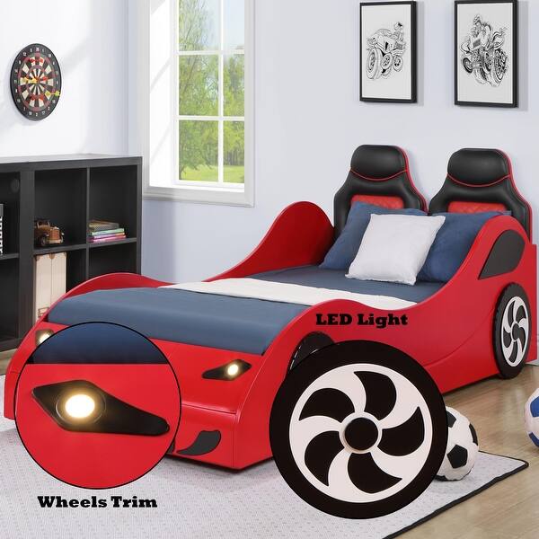 slide 2 of 14, Fun Red Twin Size Platform Bed, Car Bed with LED Lights, Upholstered Headboard, and Automotive, for Kids' Bedroom Red