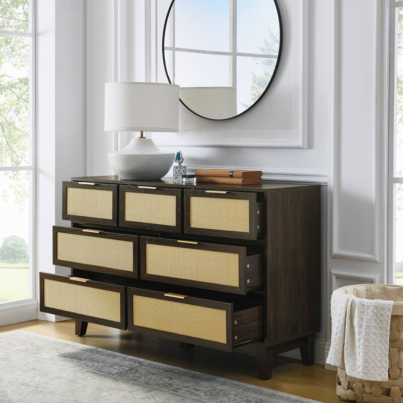 Modern Rattan Dressing Wooden Storage Cabinet with 7 Spacious Drawers, for Bedroom, Living Room and Hallway