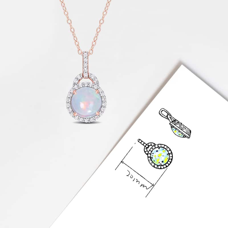 Miadora 3 1/4ct TGW Blue Ethiopian Opal White Topaz Halo Necklace Rose Silver