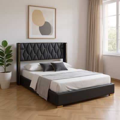 HomeRoots Black Tufted Upholstered Queen Bed Frame