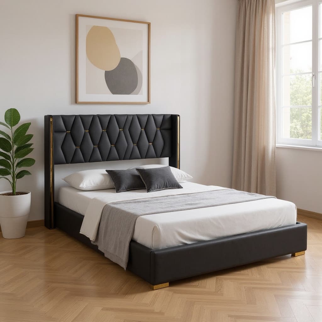 HomeRoots Black Tufted Upholstered Queen Bed Frame
