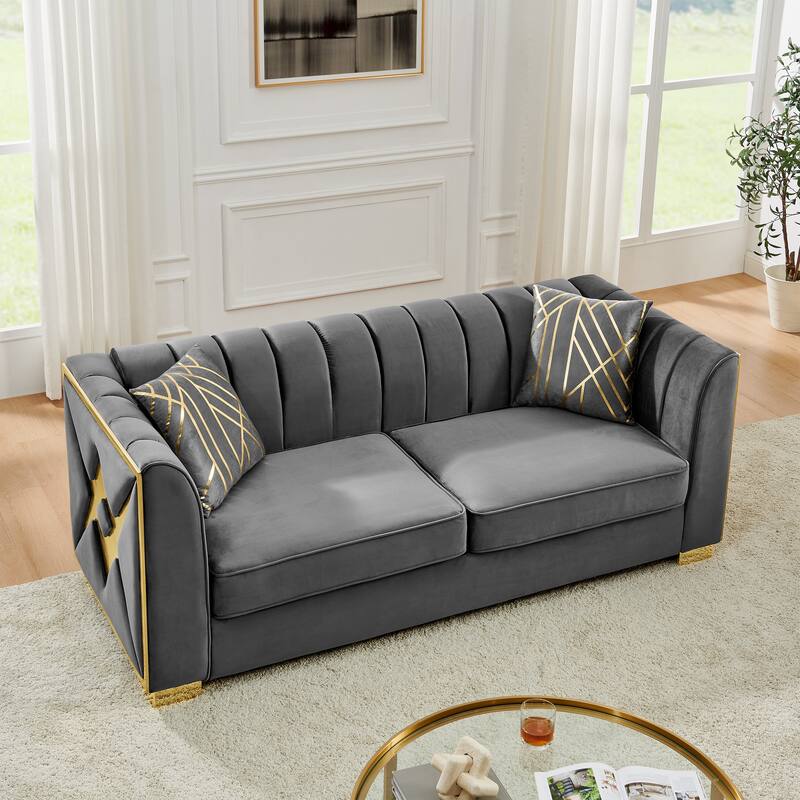 Velvet Chesterfield 3 Seater Sofa, Button Tufted Upholstered Sofa, Lounge Sofa with Stainless Steel Accents & Metal Legs