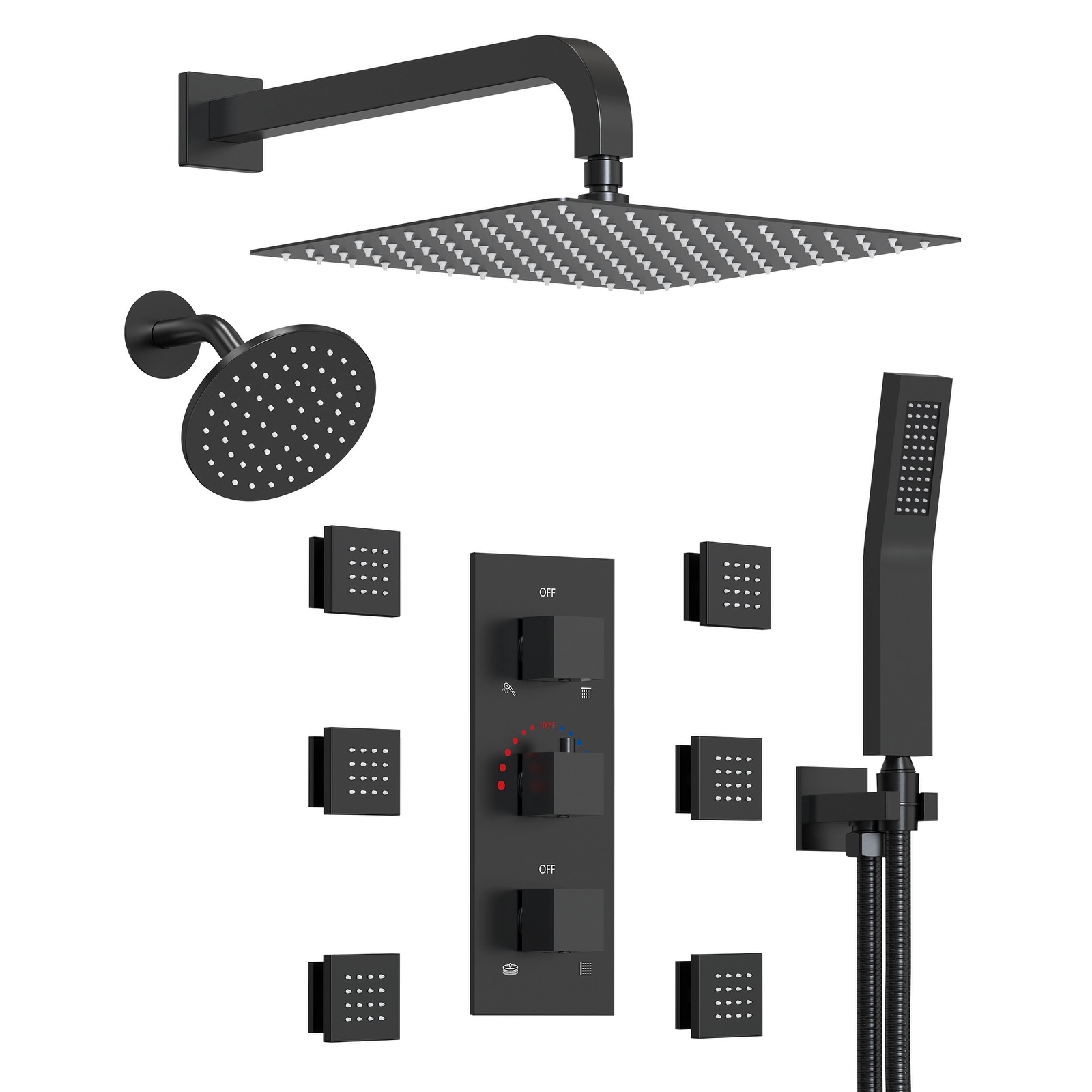 Thermostatic Dual Shower System 12" and 6" Rainfall Shower Head with 6 Body Jets & Handheld Shower