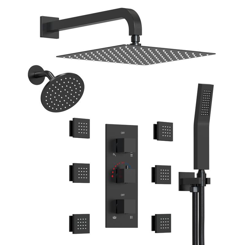Thermostatic Dual Shower System 12" and 6" Rainfall Shower Head with 6 Body Jets & Handheld Shower - 12" x 6" - Matte Black