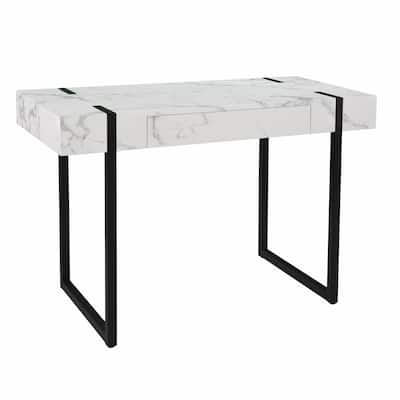 White Wood Black Metal Writing Desk with Soft-Close Drawer and Rectangular