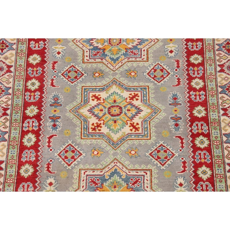 Gray Geometric Kazak Rug Hand-Knotted Oriental Wool Carpet - 5'1" x 6'9"