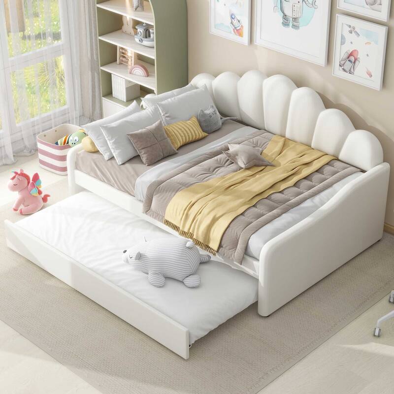 Full Size Shell-Shaped Backrest Upholstered Daybed with Optional Trundle or Drawers - White with Trundle - Full