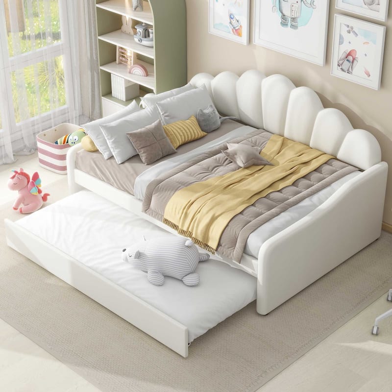 White Full Size Upholstery Daybed with Shell Shaped Backrest & Trundle - White
