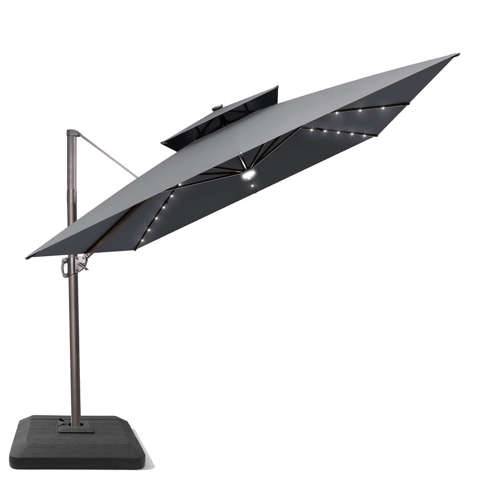 11 FT Square Aluminum Outdoor Patio Cantilever Umbrella Solar LED Lighted with Weight Base