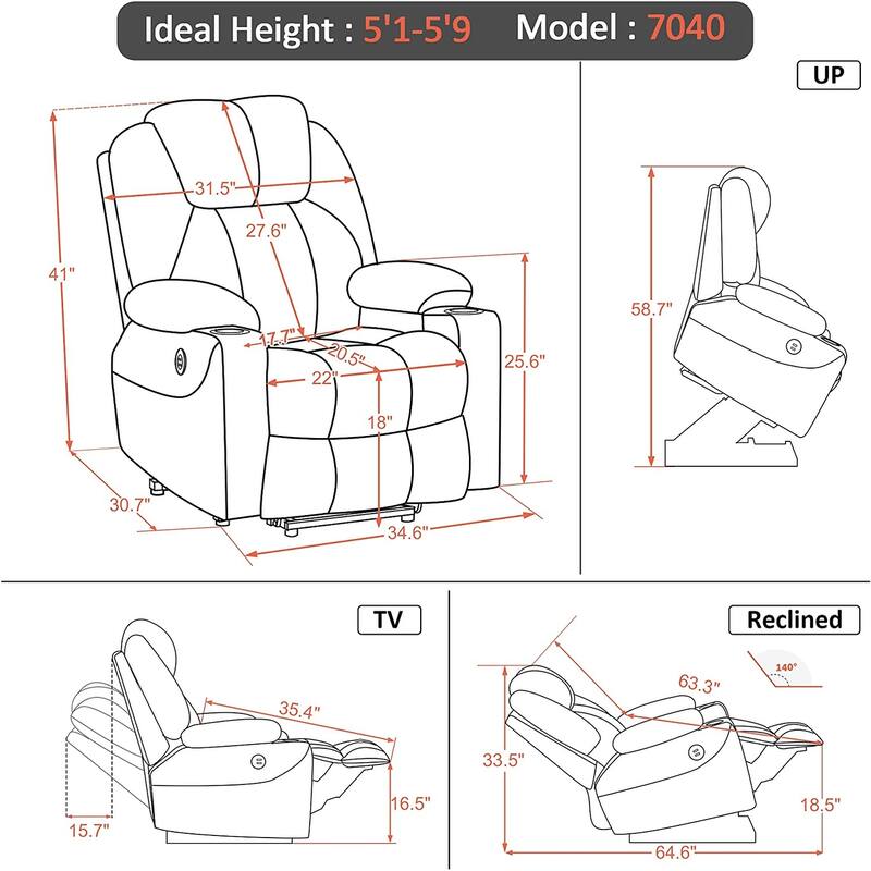 MCombo Electric Power Lift Recliner Chair Sofa with Massage and Heat, 3 Positions, USB Ports, Fabric 7040