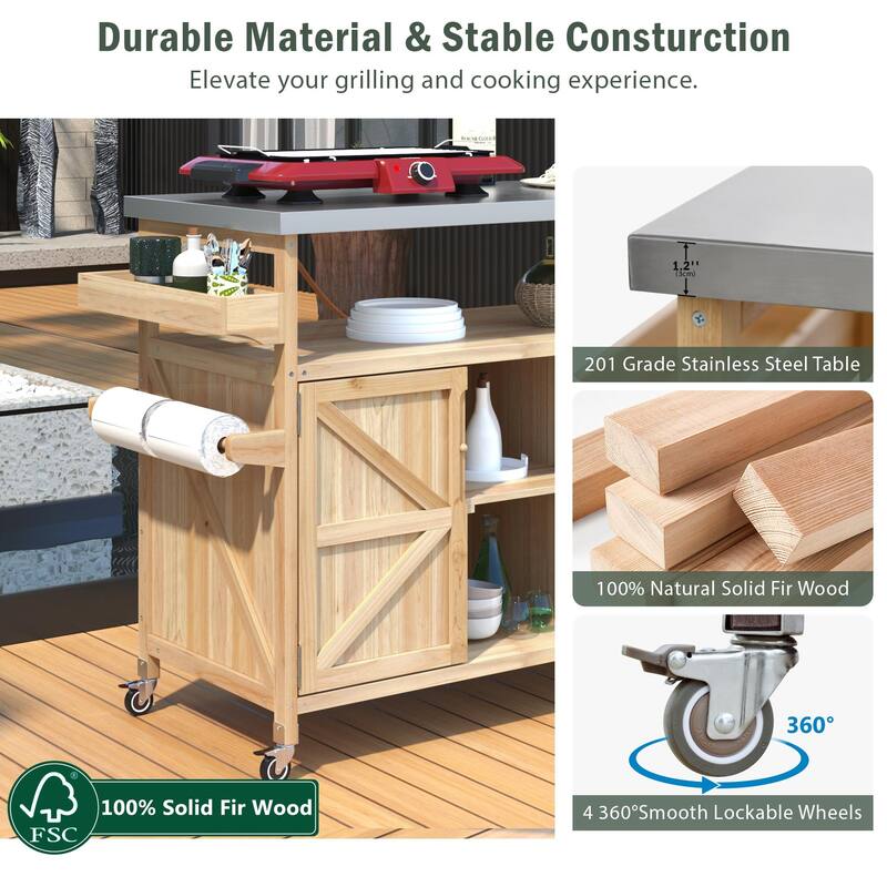 Farmhouse Kitchen Island with Stainless Steel Top, Rolling Grill Solid Wood Storage Cabinet wSpice Rack & Towel Rack for Kitchen