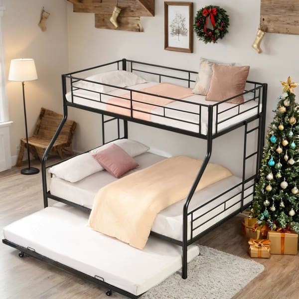 slide 2 of 12, Metal Twin Over Full Bunk Bed Kids Bed with Trundle and Under-bed Storage Black