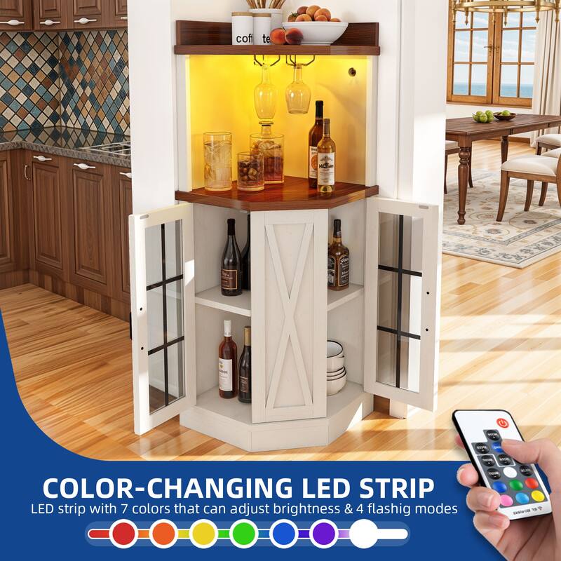72" Tall Farmhouse Corner Bar Cabinet with Glass Door & LED Lights