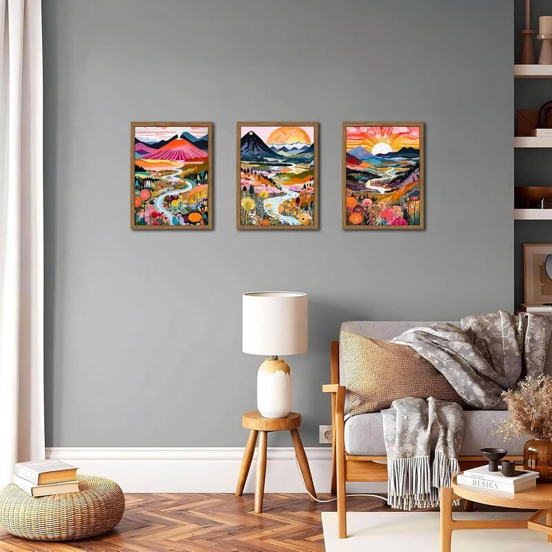 Colorful Wall Art, Set of 3 Abstract Watercolor Mountain Landscape