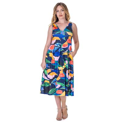 24seven Comfort Apparel Womens Midi Length Multicolor Sleeveless Pleated Pocket Dress
