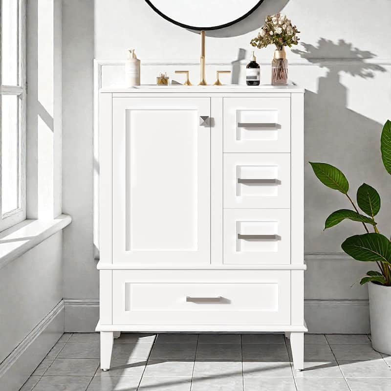 24.8" Bathroom Vanity with Ceramic Sink, Freestanding Cabinet with Soft-Close Door and 3 Drawers, Modern Style - White