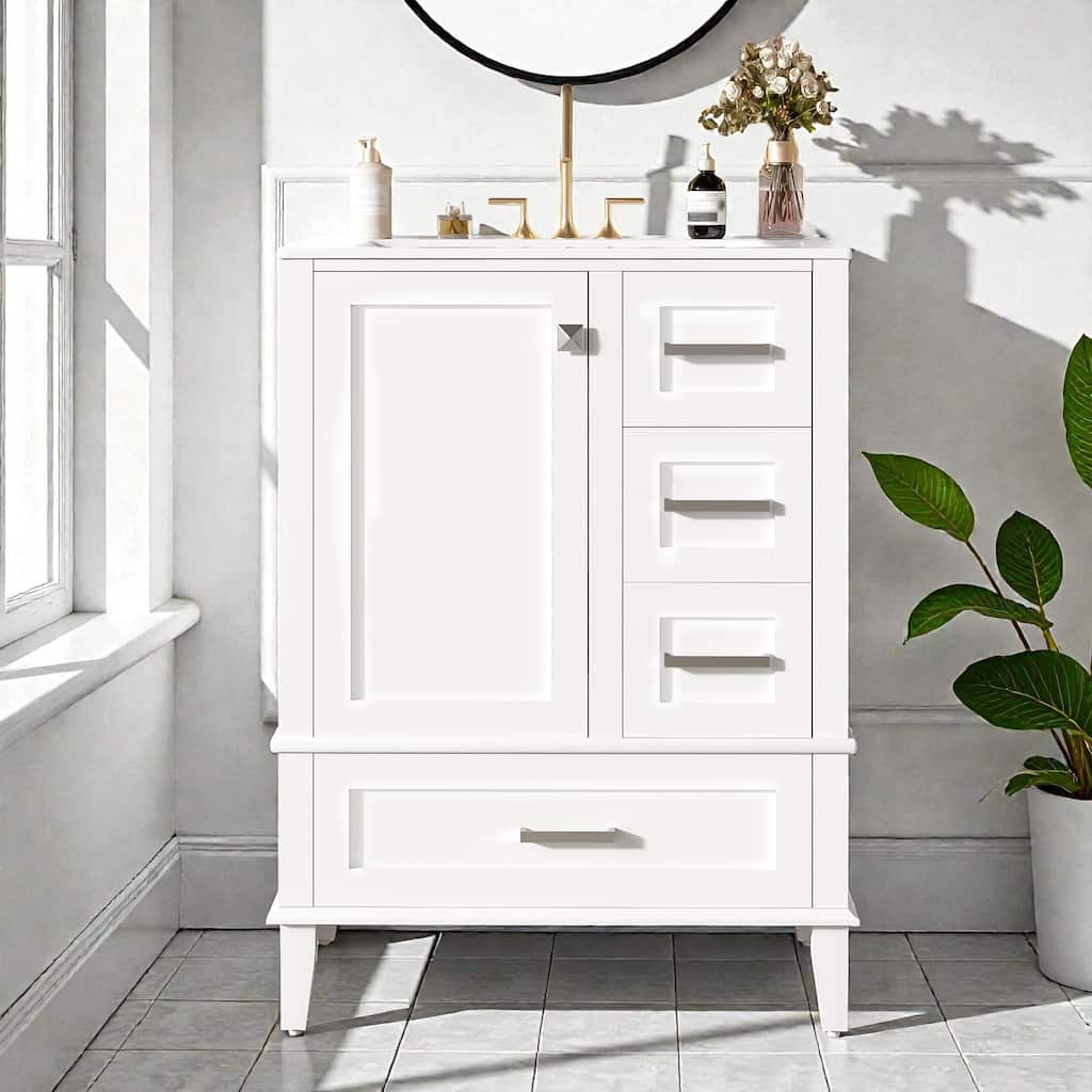 24.8" Bathroom Vanity with Ceramic Sink, Freestanding Cabinet with Soft-Close Door and 3 Drawers, Modern Style