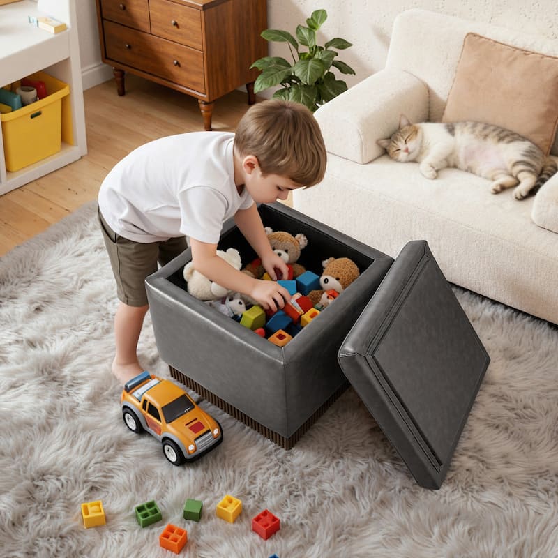 Swivel Storage Ottoman Bench Footstool with Flip-top and Acacia Frame