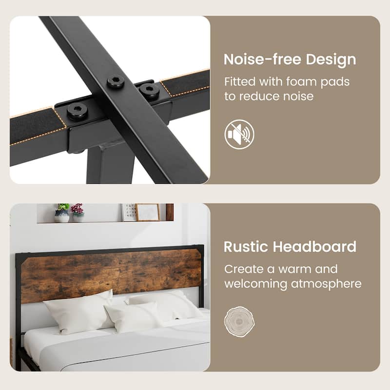 Costway Platform Full/Queen Bed with Rustic Headboard & Footboard
