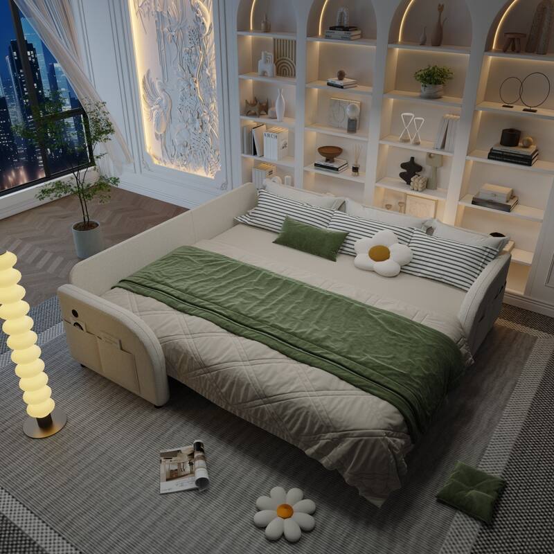 85.1" Teddy Upholstered Sofa with Pull-Out Bed and USB Port