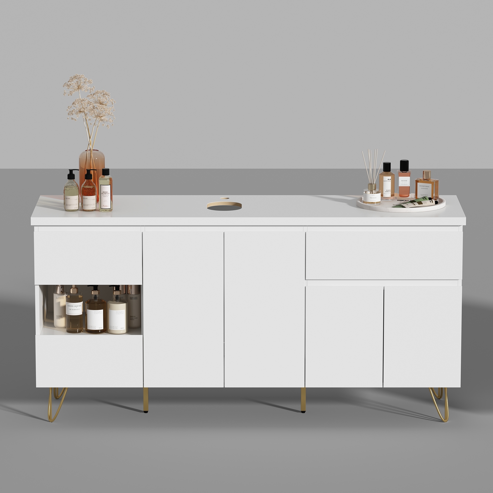 Elegant White and Gold Bathroom Vanity with Spacious Storage