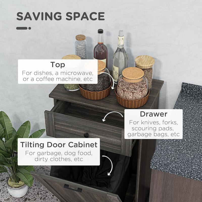 Kitchen Tilt Out Trash Bin Cabinet Free Standing Recycling Cabinet Trash Can Holder With Drawer, Charcoal Gray