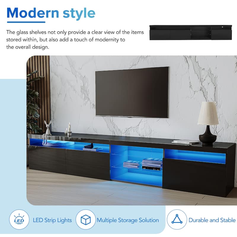 Black 94" TV Stand with Glass Shelves & LED for TVs Up to 105"
