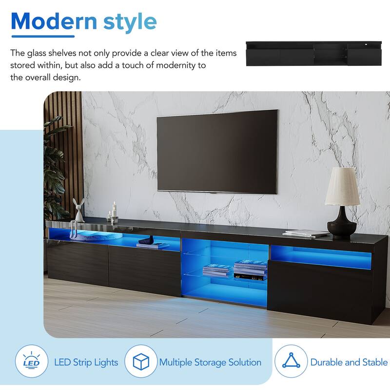 Roomfitters TV Stand, LED Media Console with Glass Shelves, Ample Storage for TVs Up to 105", Modern Black