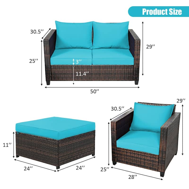 5 Pieces Patio Cushioned Rattan Furniture Set - 50" x 30.5" x 29" (L x W x H)