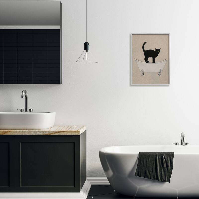 Stupell Black Cat Simple Claw Foot Bathtub Bathroom Painting Framed Wall Art