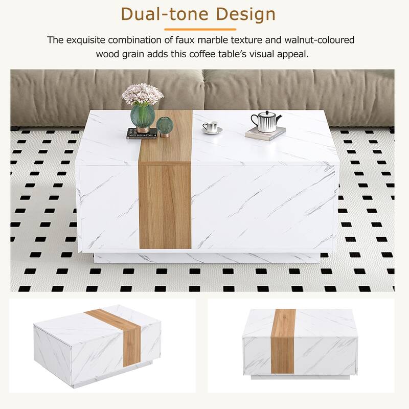 Modern 35.4 x 23.6 Inch Two-tone Coffee Table with Faux Marble and Walnut Wood Grain Finish