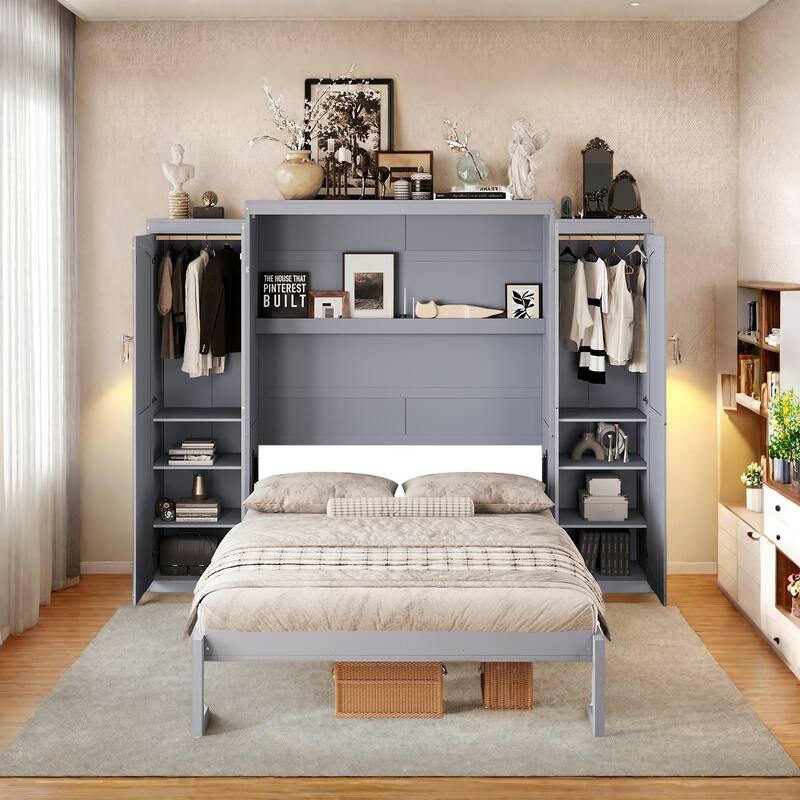 Full Size Murphy Bed with 2 Wardrobes and Shelves,Solid Wood Construction, Fold-Down Design - Gray