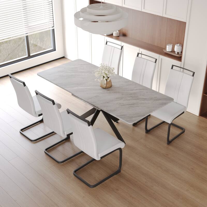Modern Dining Set with Rectangular Extendable Table & C-shaped Tube Soft Padded Armless Chairs