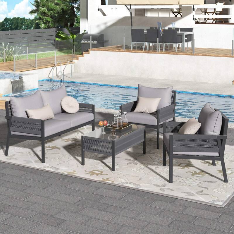 4-Piece Rope Patio Set with Tempered Glass Coffee Table - Grey