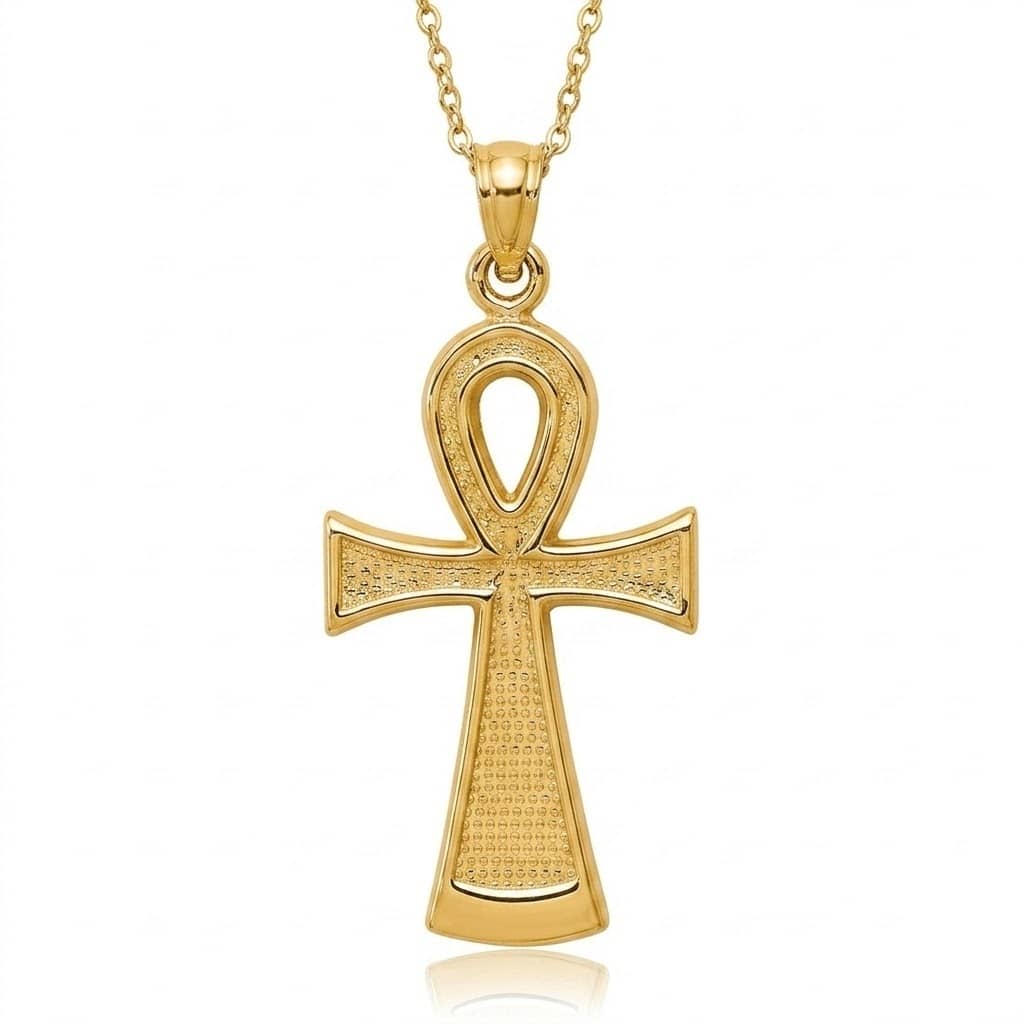 Curata 10k Yellow Gold 18" Textured Ankh Egyptian Cross Necklace - 13x27mm