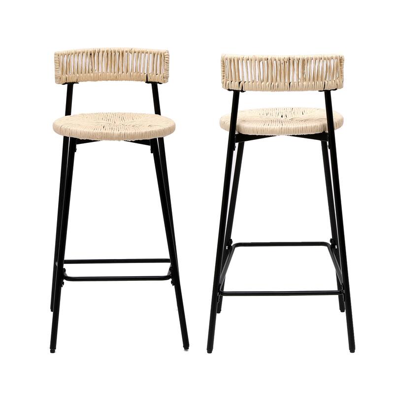 Hand Woven Bar Stools with Back Set of 2 Paper Rope Round Barstools with Footrest for Kitchen Island & Dining Rooms