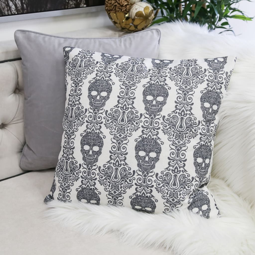 Gothic Damask Skull Throw Pillow - Black & White Cotton Linen
