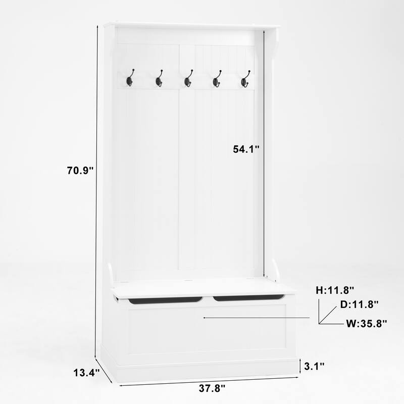Entryway Bench with Standing Coat Rack, Hall Tree with Shoe Storage Bench, 5 Hooks, White - White