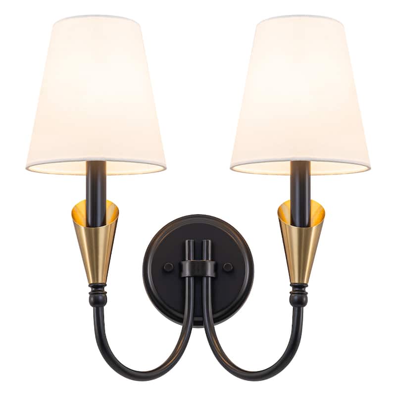 2-Light Matte Black & Gold Wall Sconce Traditional Fabric Shades