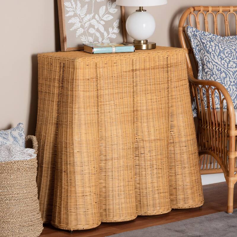 Palm Scallop Natural Rattan Console Table – Handwoven Wicker Accent Table for Hallway or Entryway, Coastal Décor, Rectangle