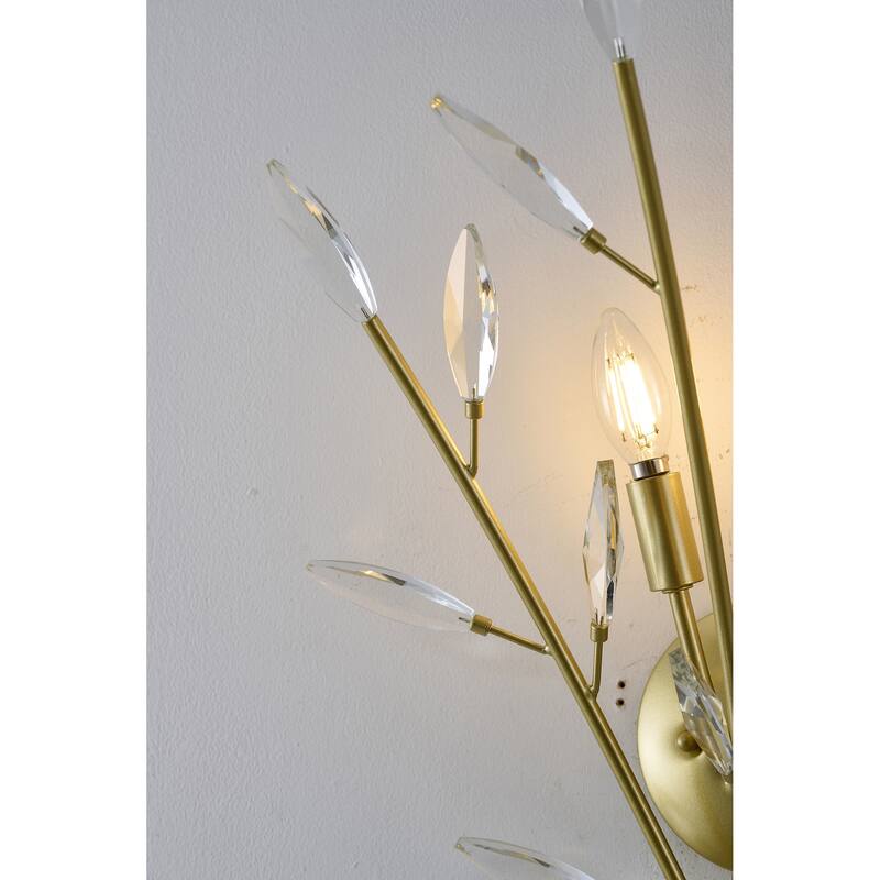 2-Light Gold Branch Wall Sconce With Clear Crystal Accents