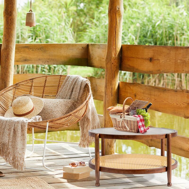 31.5in Rattan Coffee Table with Tempered Glass Top and Hand-Woven Shelf for Indoor Outdoor - 31.5” x 31.5” x 17.3”